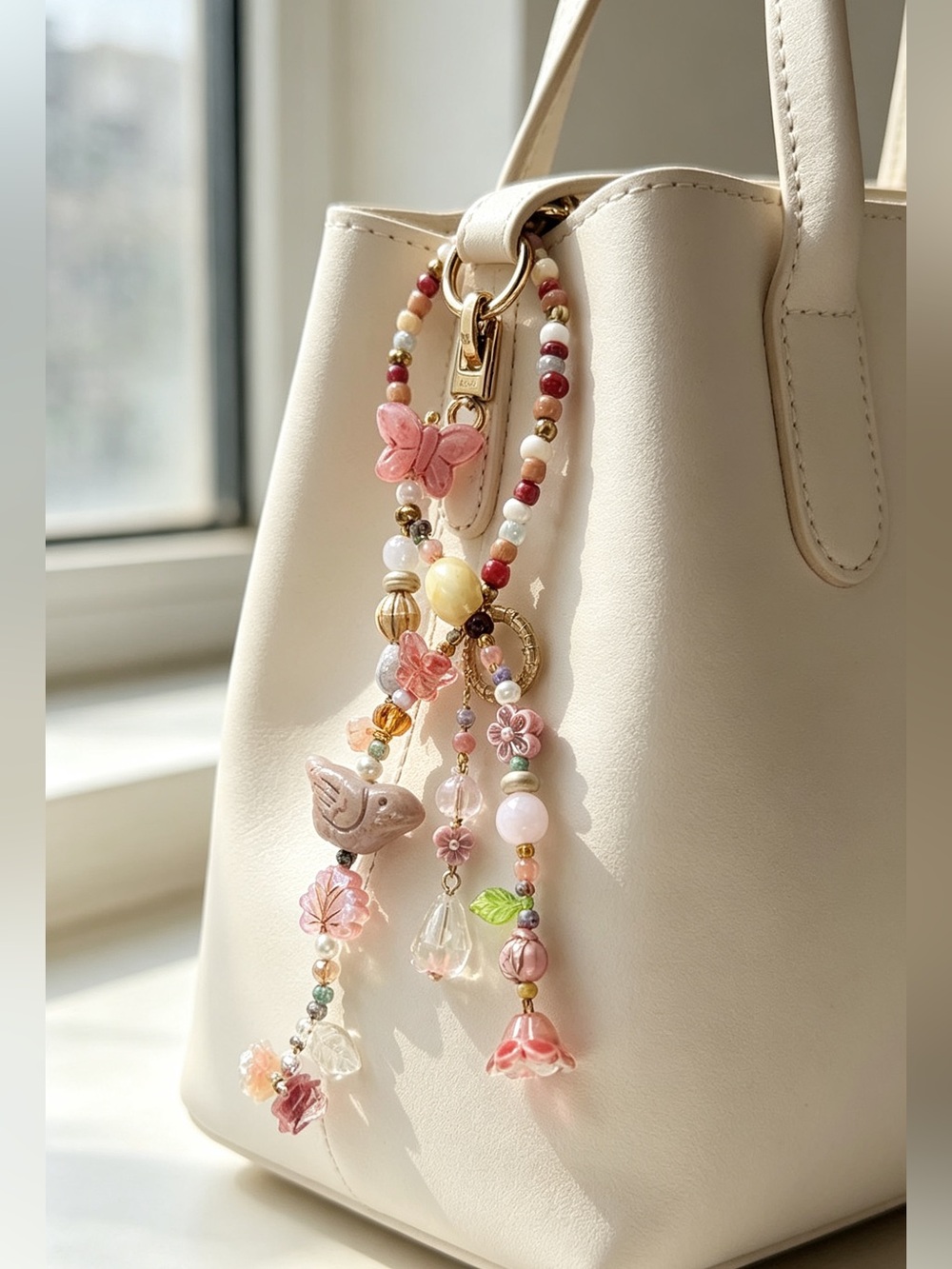 Handmade Pink Czech & Multi-Bead Charm Accessory with Butterfly and Bird Accent